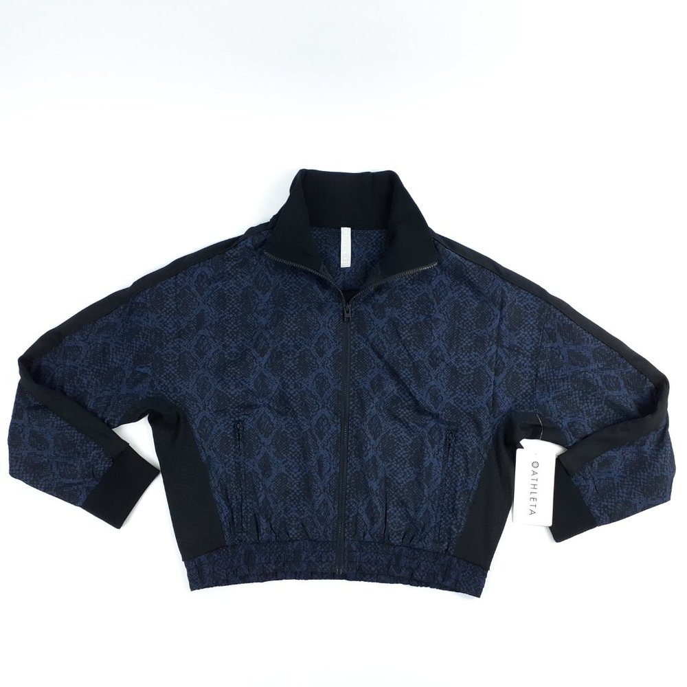 Athleta M Bomber Tracker Jacket Brooklyn Snake Print Blue Zip Pockets Gym Run